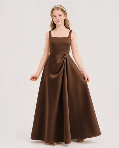 Chocolate Satin A-Line Junior Bridesmaid Dresses Front View