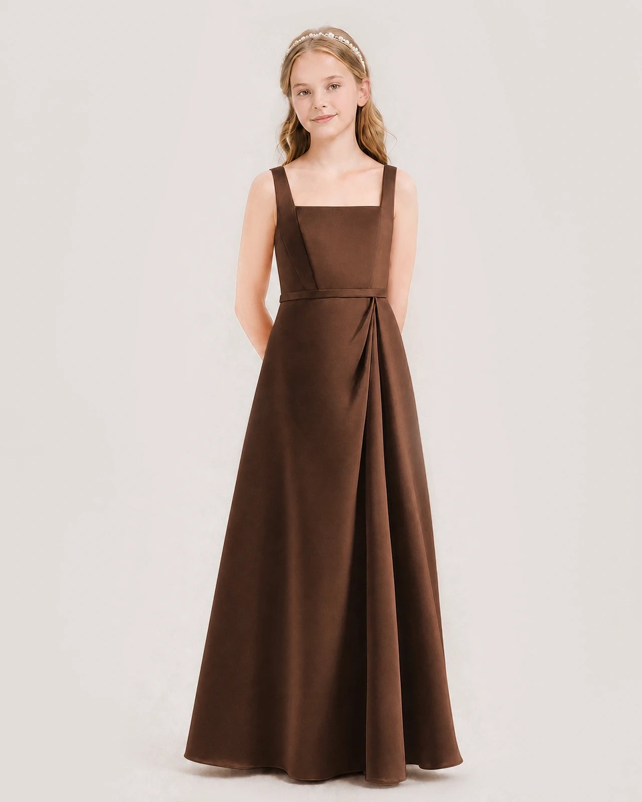 Chocolate Satin A-Line Junior Bridesmaid Dresses Side View