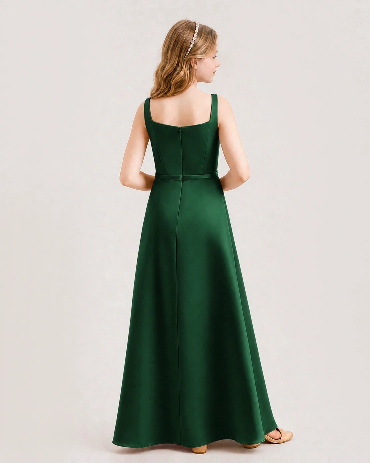 Dark Green Satin A-Line Junior Bridesmaid Dresses Back View