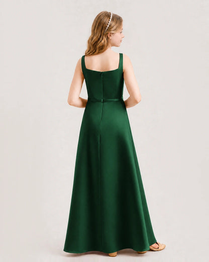 Dark Green Satin A-Line Junior Bridesmaid Dresses Back View