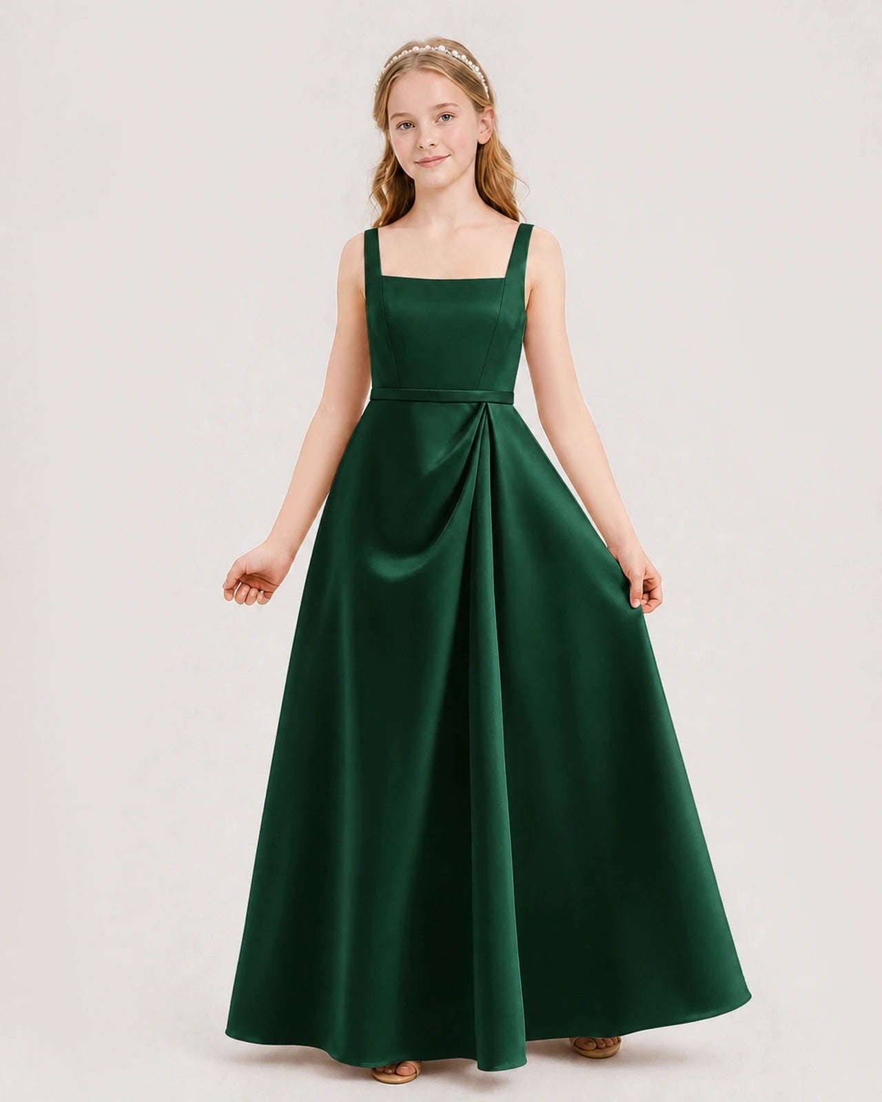 Dark Green Satin A-Line Junior Bridesmaid Dresses Front View
