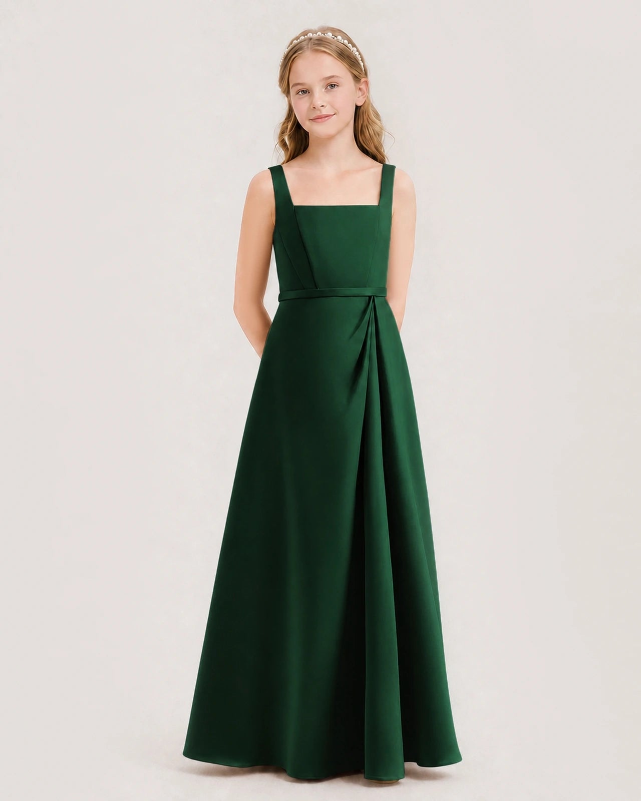 Dark Green Satin A-Line Junior Bridesmaid Dresses Side View