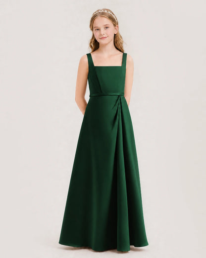 Dark Green Satin A-Line Junior Bridesmaid Dresses Side View