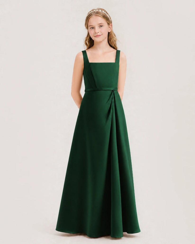 Dark Green Satin A-Line Junior Bridesmaid Dresses Side View
