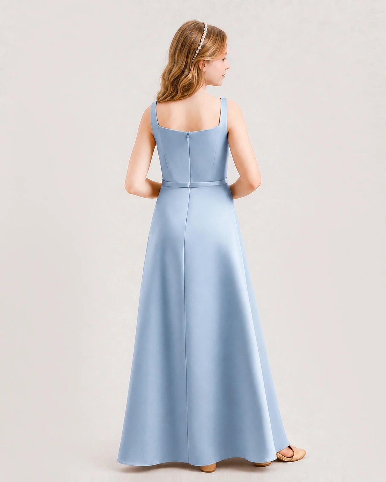 Dusty Blue Satin Square Neck A-Line Junior Bridesmaid Dresses Back View