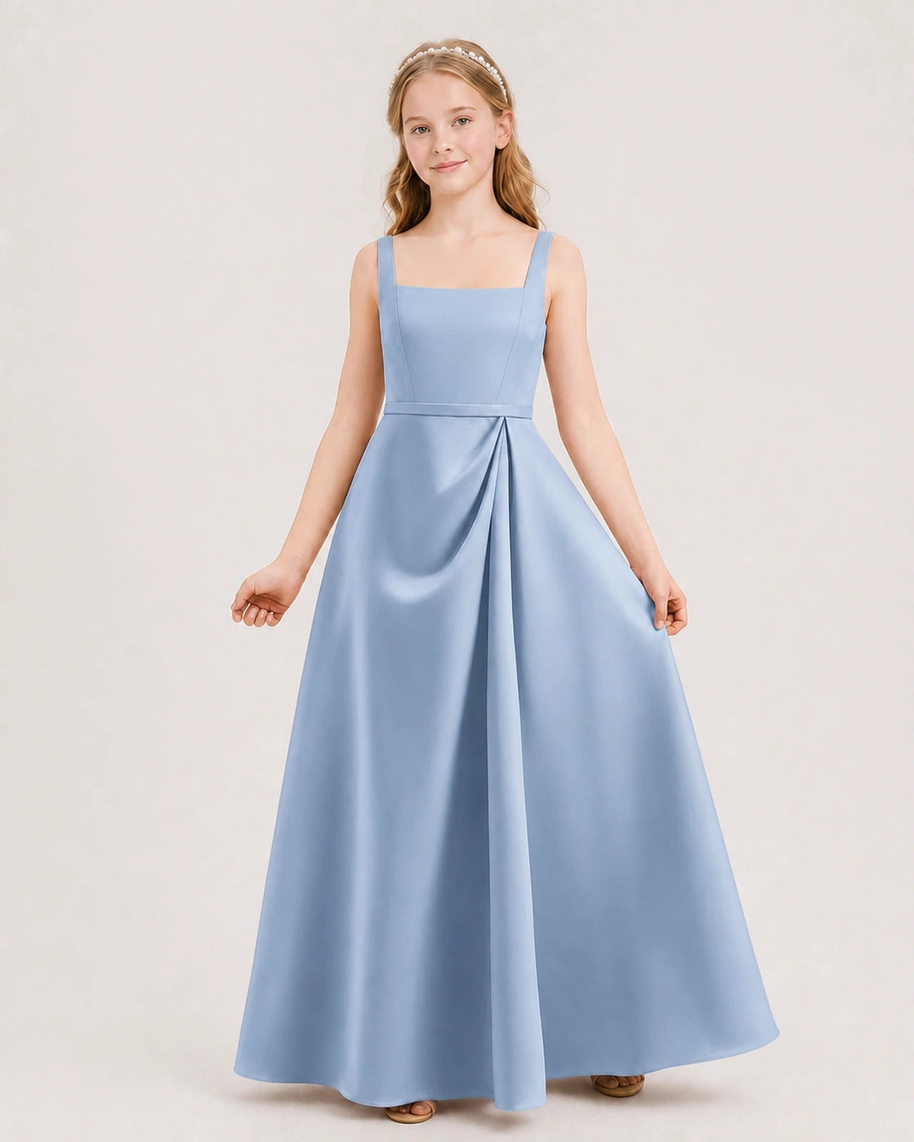 Dusty Blue Satin Square Neck A-Line Junior Bridesmaid Dresses Front View