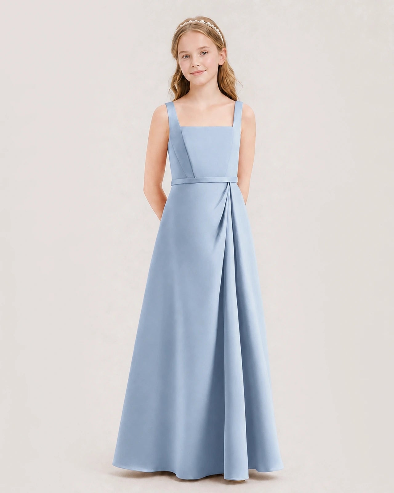 Dusty Blue Satin Square Neckline Junior Bridesmaid Dresses Side View