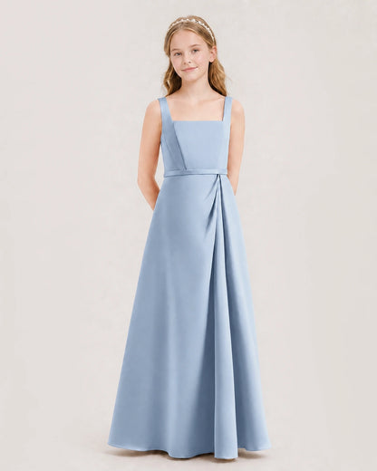 Dusty Blue Satin Square Neckline Junior Bridesmaid Dresses Side View