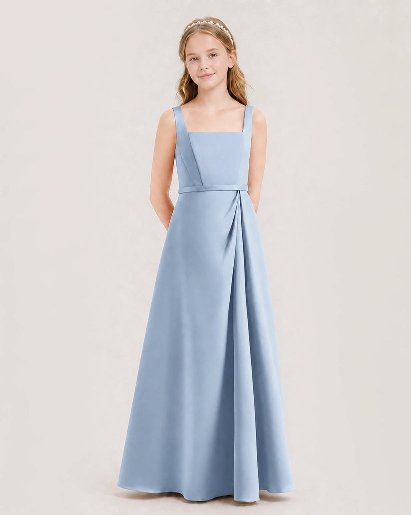 Dusty Blue Satin Square Neckline Junior Bridesmaid Dresses Side View