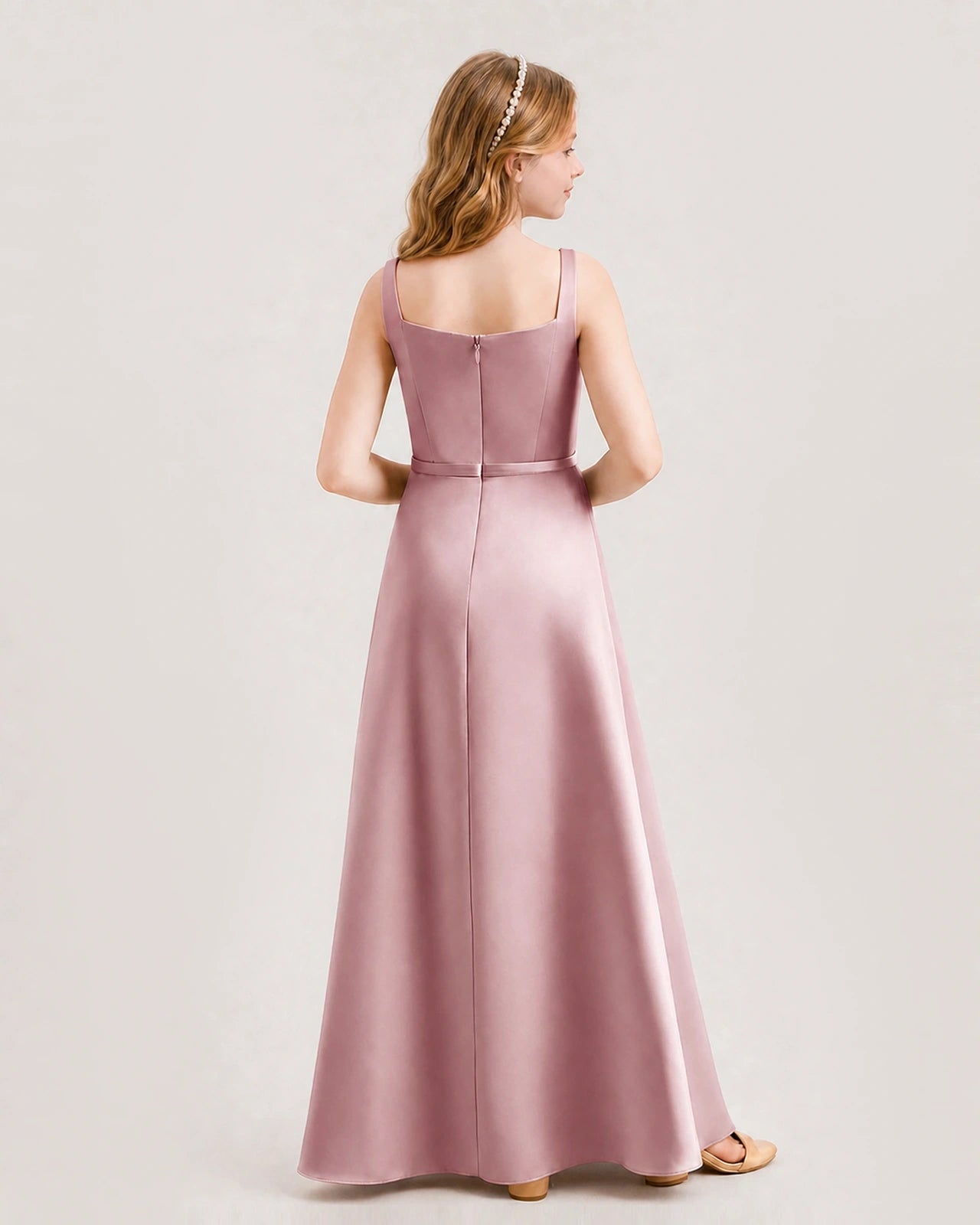 Dusty Rose Satin A-Line Junior Bridesmaid Dresses Back View