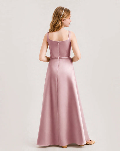 Dusty Rose Satin A-Line Junior Bridesmaid Dresses Back View