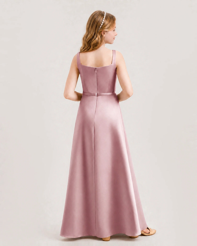 Dusty Rose Satin A-Line Junior Bridesmaid Dresses Back View