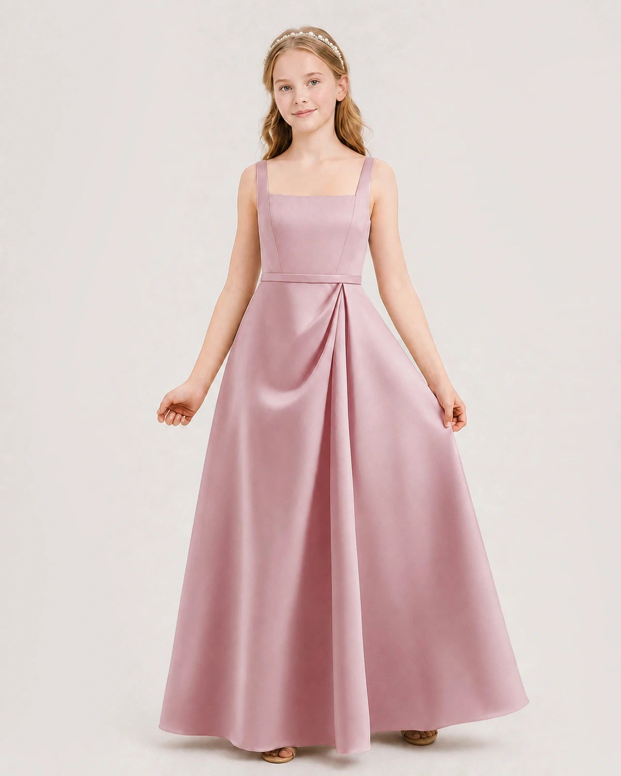Dusty Rose Satin Square Neck A-Line Junior Bridesmaid Dresses Front View