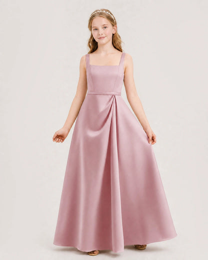Dusty Rose Satin Square Neck A-Line Junior Bridesmaid Dresses Front View