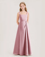Dusty Rose Satin Square Neckline Junior Bridesmaid Dresses Side View