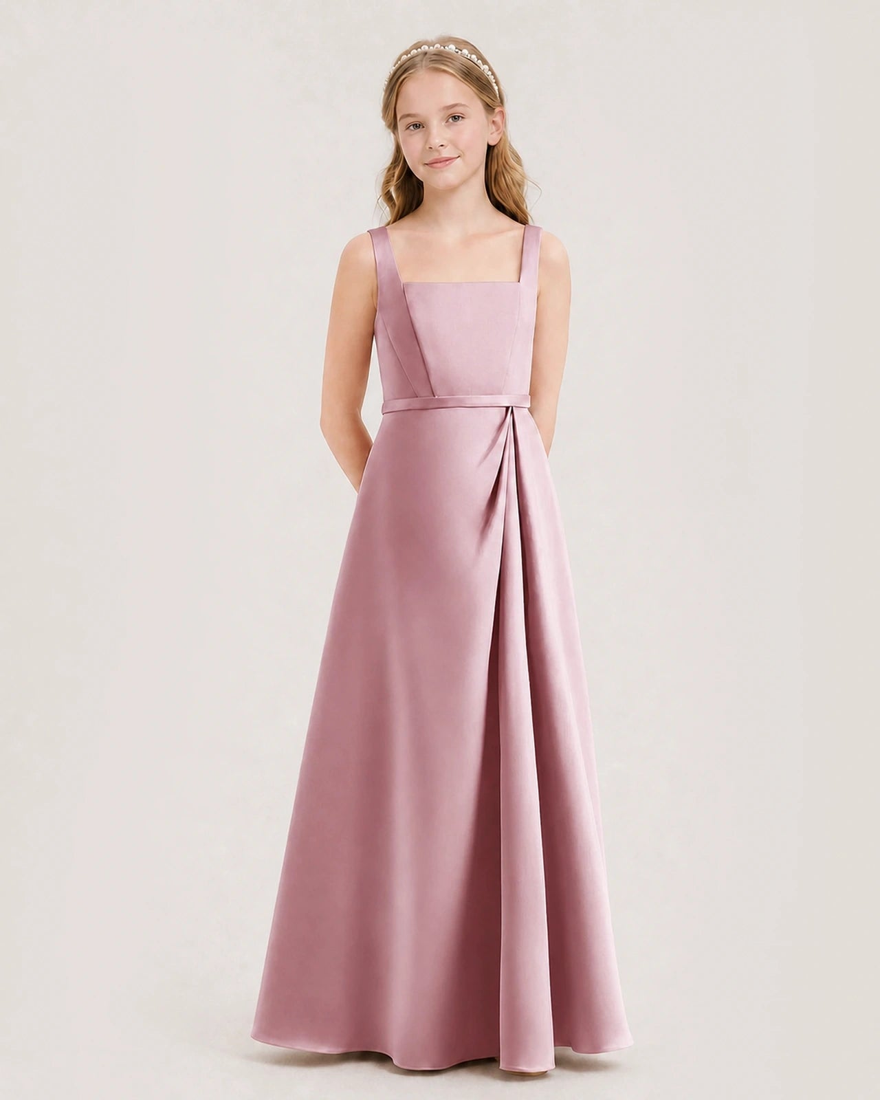 Dusty Rose Satin Square Neckline Junior Bridesmaid Dresses Side View
