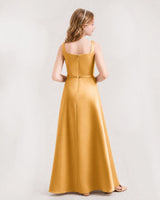 Gold Satin A-Line Junior Bridesmaid Dresses Back View