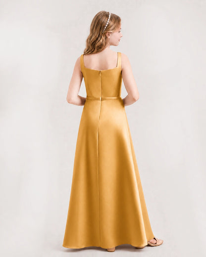 Gold Satin A-Line Junior Bridesmaid Dresses Back View