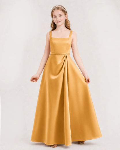 Gold Satin A-Line Junior Bridesmaid Dresses Front View