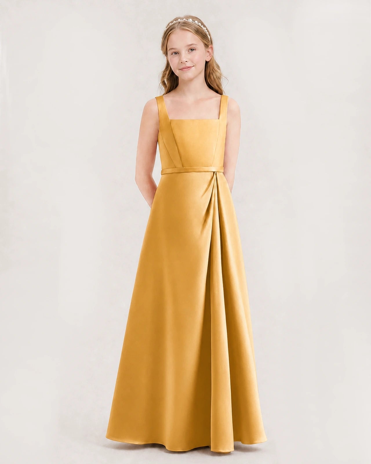 Gold satin square neckline junior bridesmaid dress, side view.