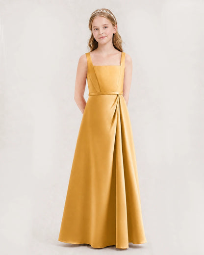 Gold satin square neckline junior bridesmaid dress, side view.