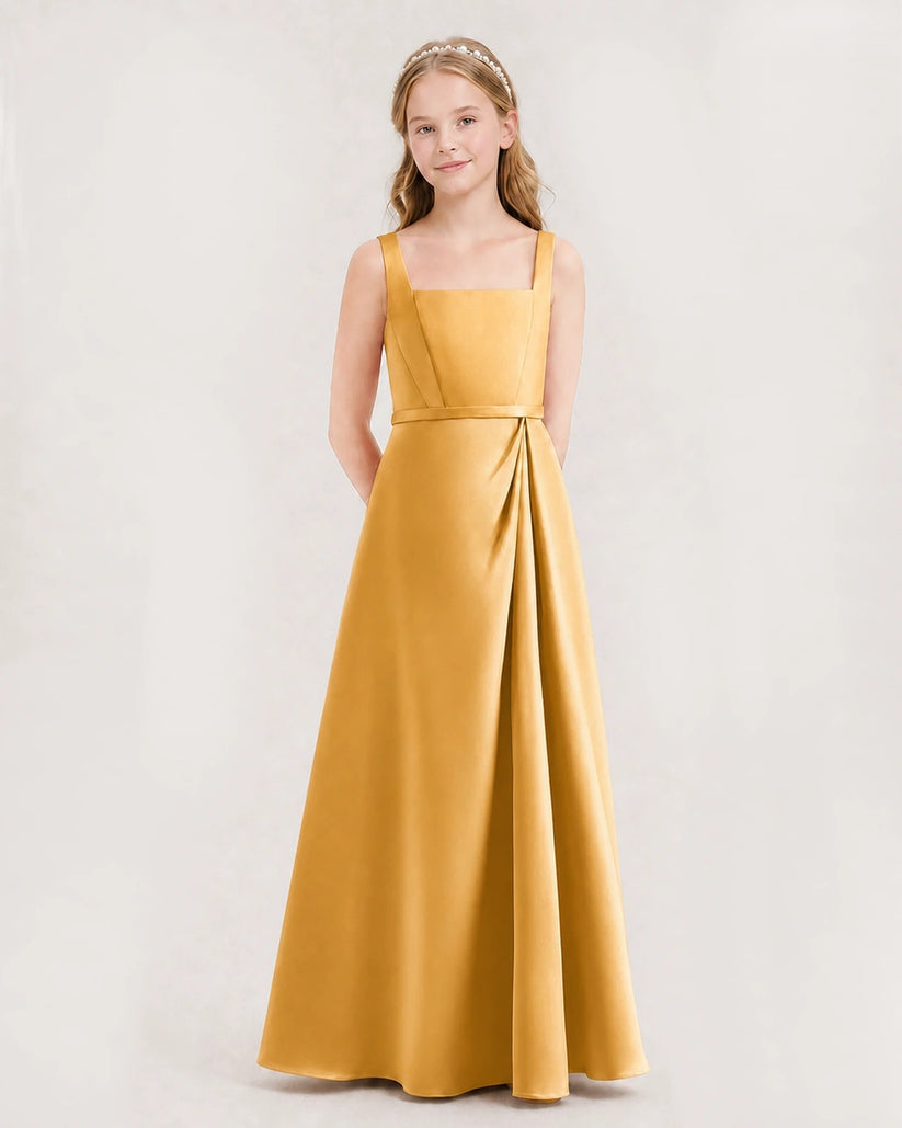 Gold satin square neckline junior bridesmaid dress, side view.