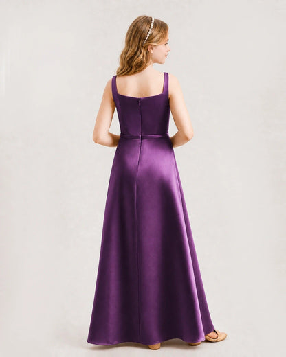 Grape Satin A-Line Junior Bridesmaid Dresses Back View