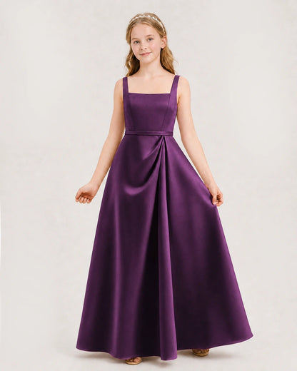 Grape Satin A-Line Junior Bridesmaid Dresses Front View