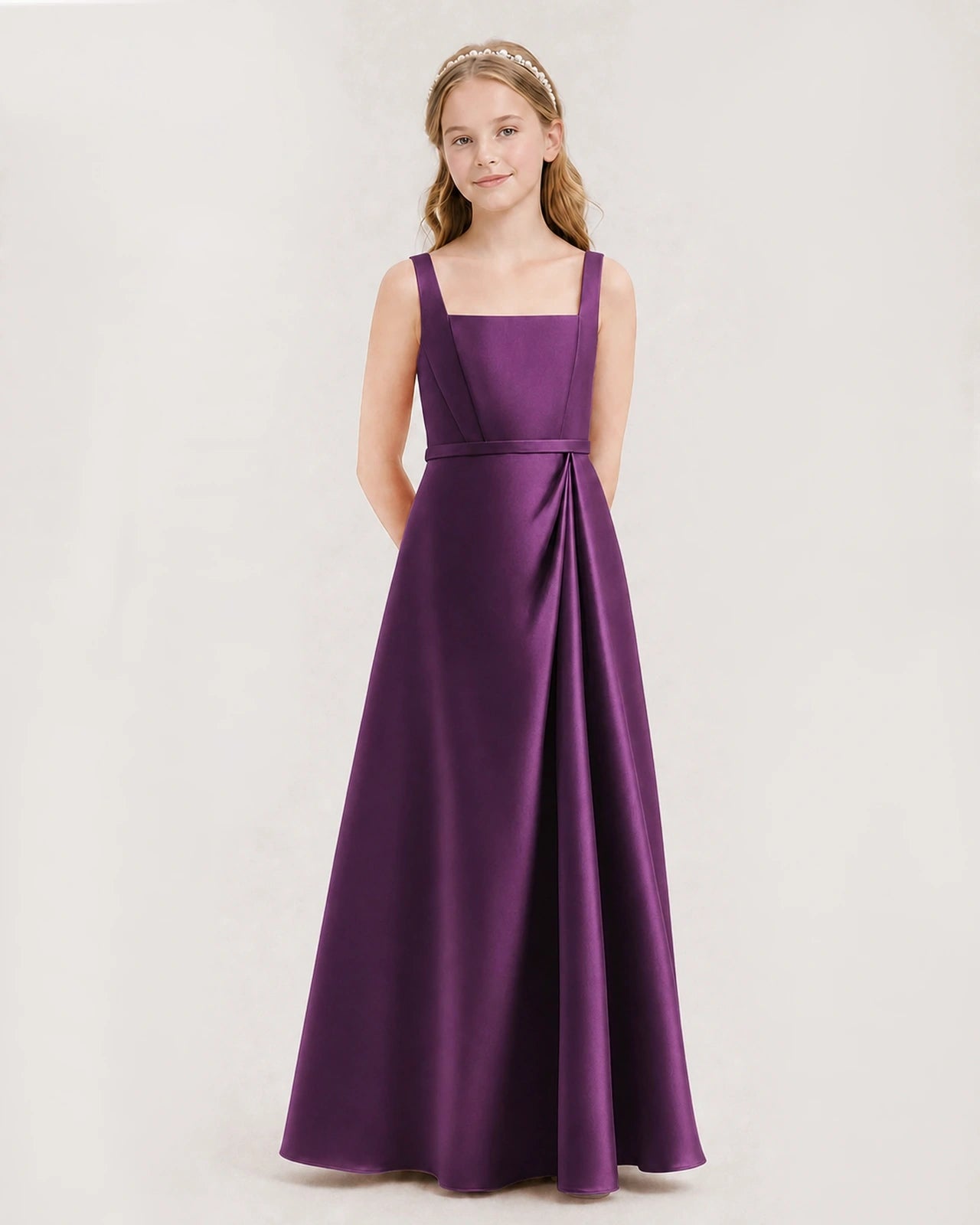 Grape Satin A-Line Junior Bridesmaid Dresses Side View