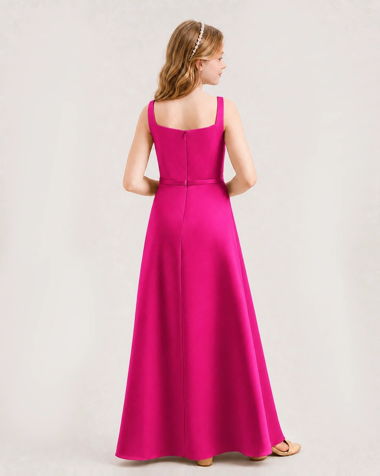 Hot Pink Satin A-Line Junior Bridesmaid Dresses Back View