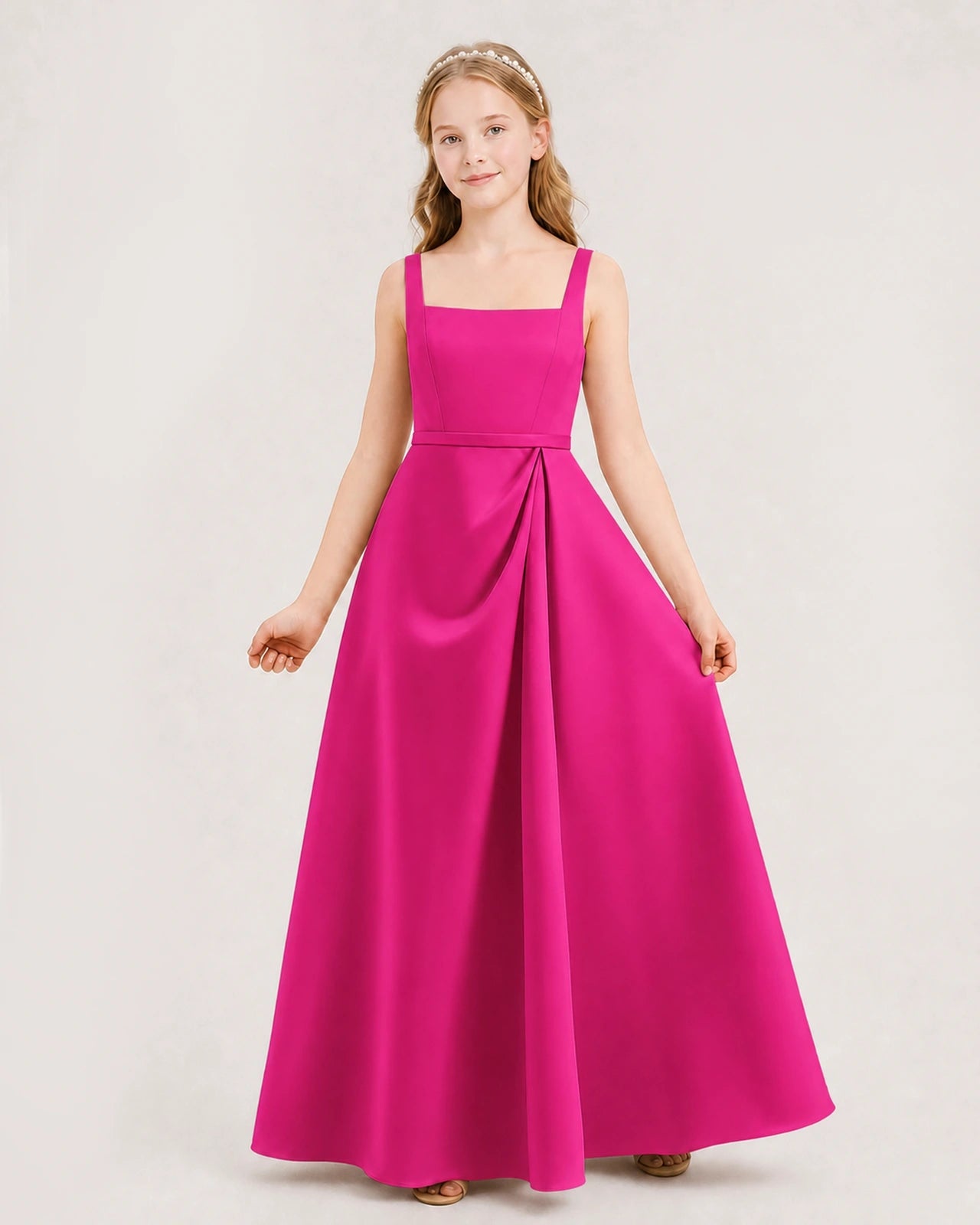 Hot Pink Satin Square Neckline Junior Bridesmaid Dresses Front View