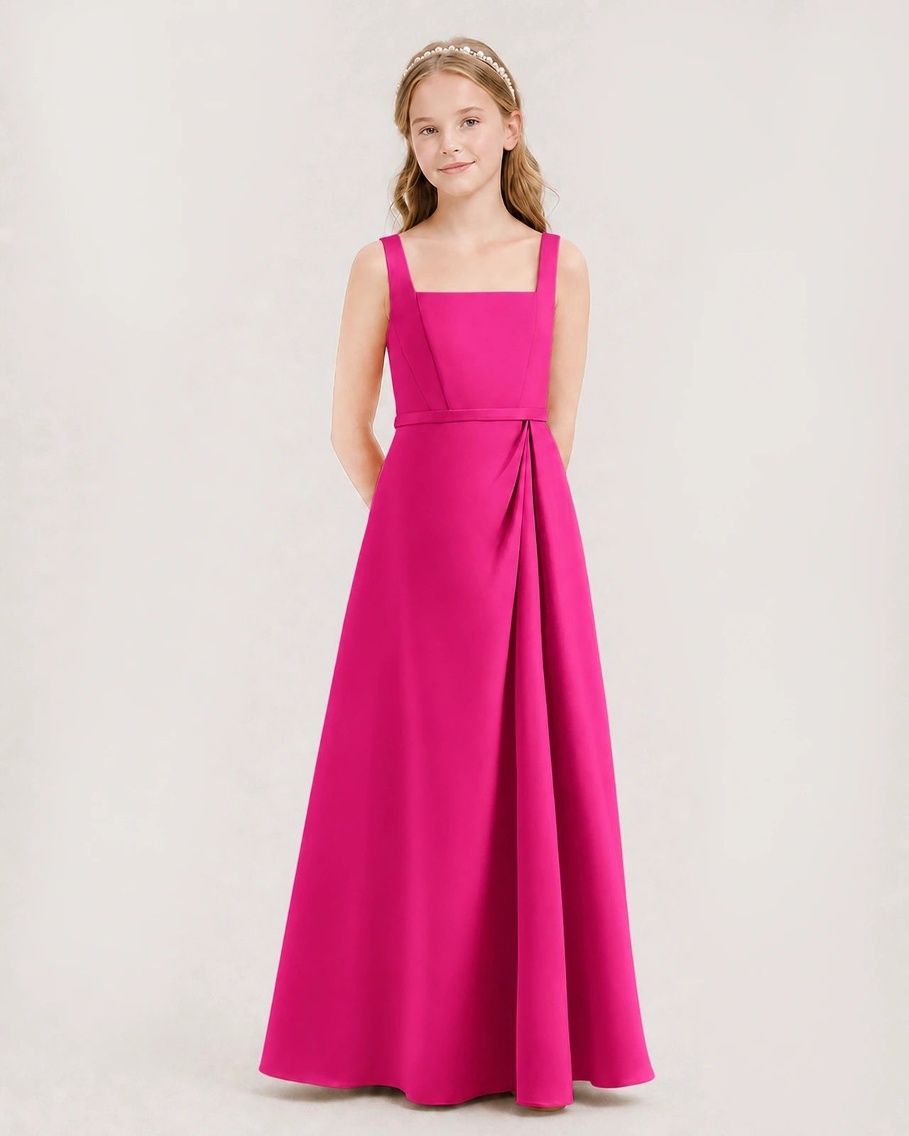 Hot Pink Satin Square Neckline Junior Bridesmaid Dresses Side View