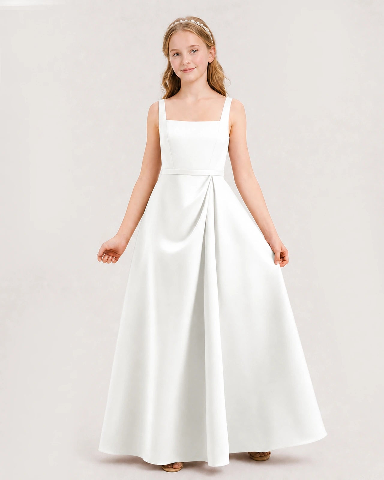 Ivory Satin A-Line Junior Bridesmaid Dresses Front View