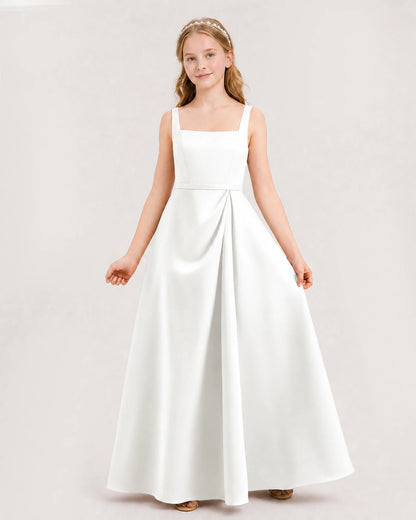Ivory Satin A-Line Junior Bridesmaid Dresses Front View