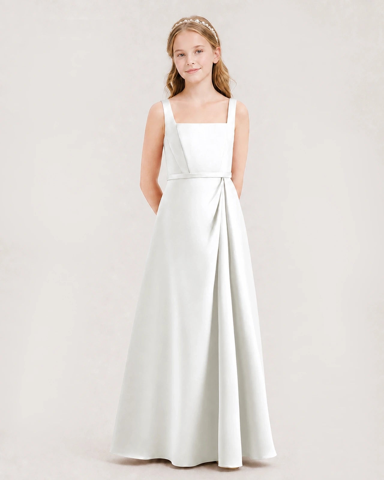 Ivory Satin Square Neck A-Line Junior Bridesmaid Dresses Side View