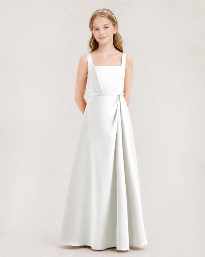 Ivory Satin Square Neck A-Line Junior Bridesmaid Dresses Side View