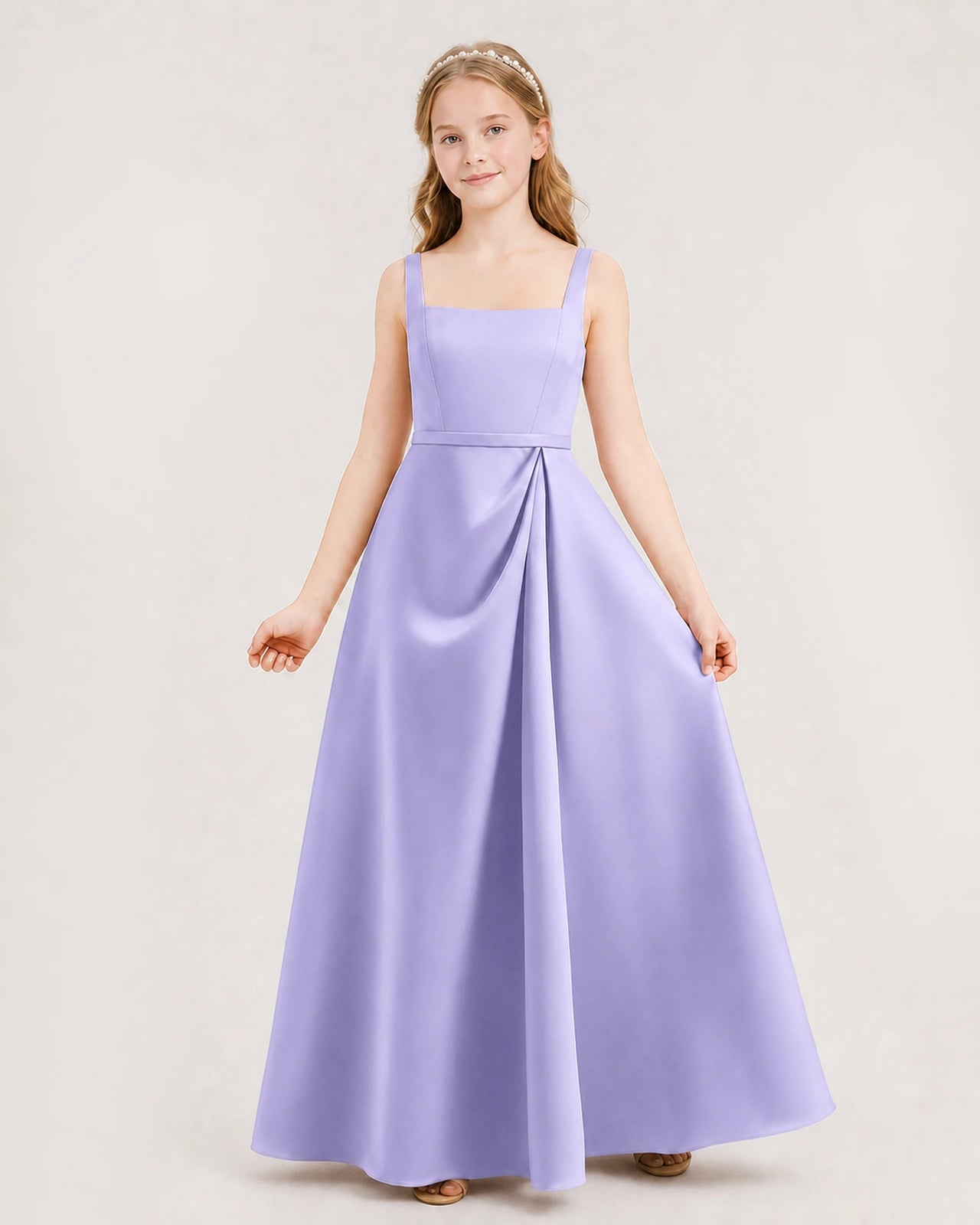 Lavender Satin Pleated A Line Junior Bridesmaid Dresses Front View