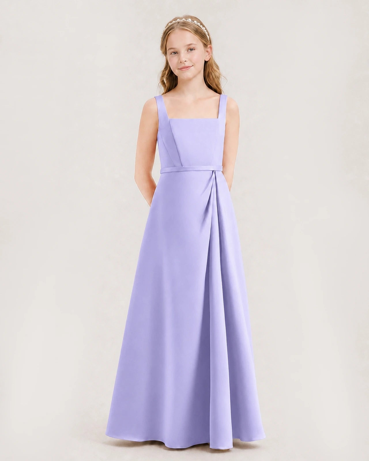 Lavender Satin Square Neck A Line Junior Bridesmaid Dresses Side View