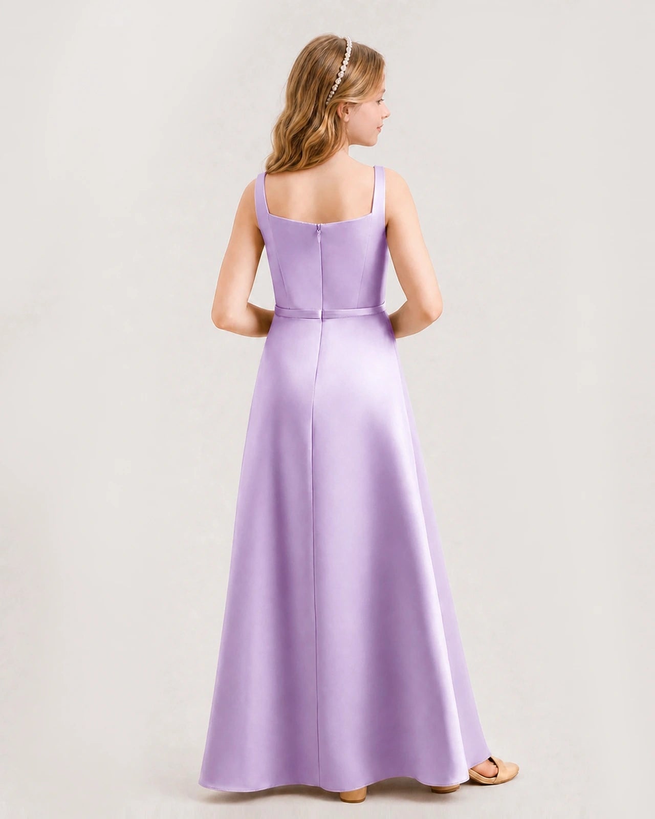 Lilac Satin Square Neckline A-line Junior Bridesmaid Dresses Back View