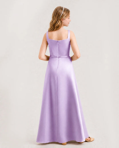 Lilac Satin Square Neckline A-line Junior Bridesmaid Dresses Back View