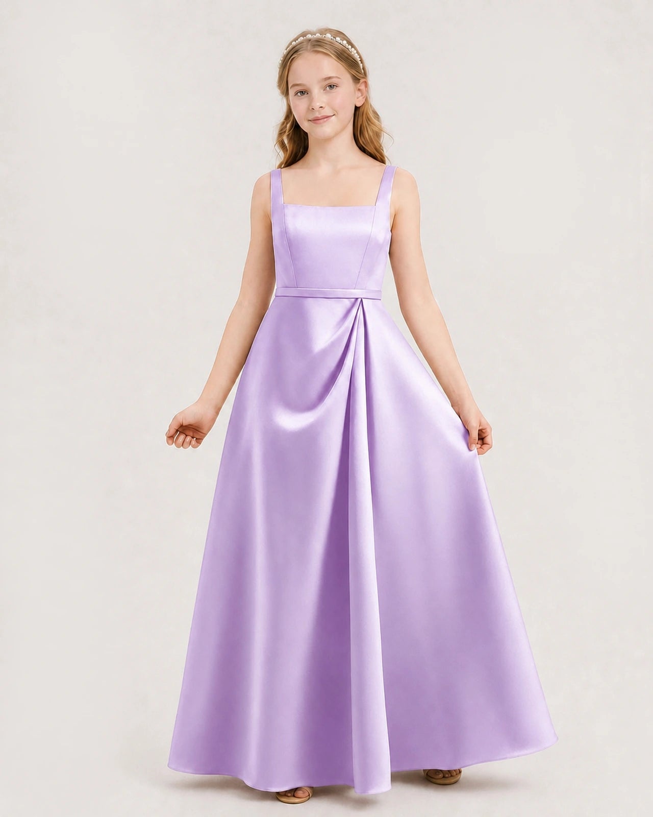 Lilac Satin Square Neckline Junior Bridesmaid Dresses Front View