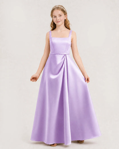 Lilac Satin Square Neckline Junior Bridesmaid Dresses Front View