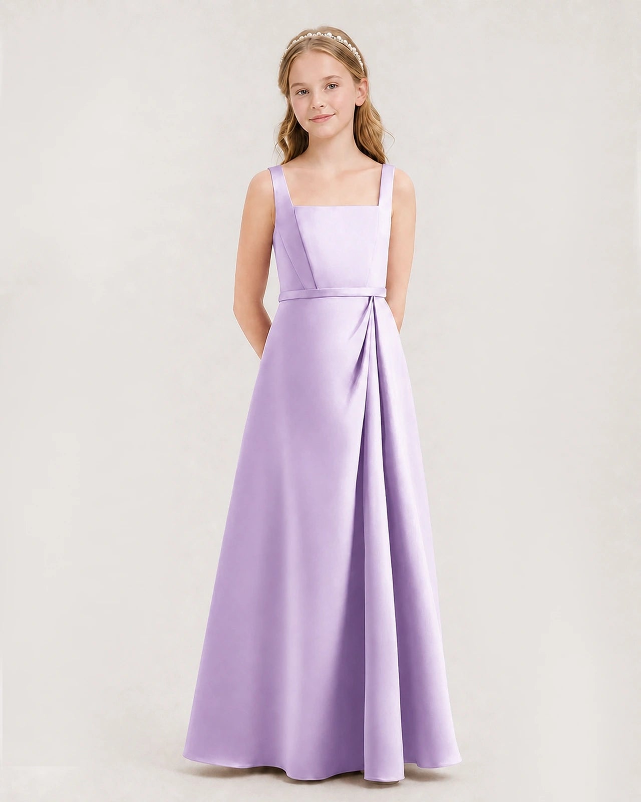 Lilac Satin Square Neckline Junior Bridesmaid Dresses Side View