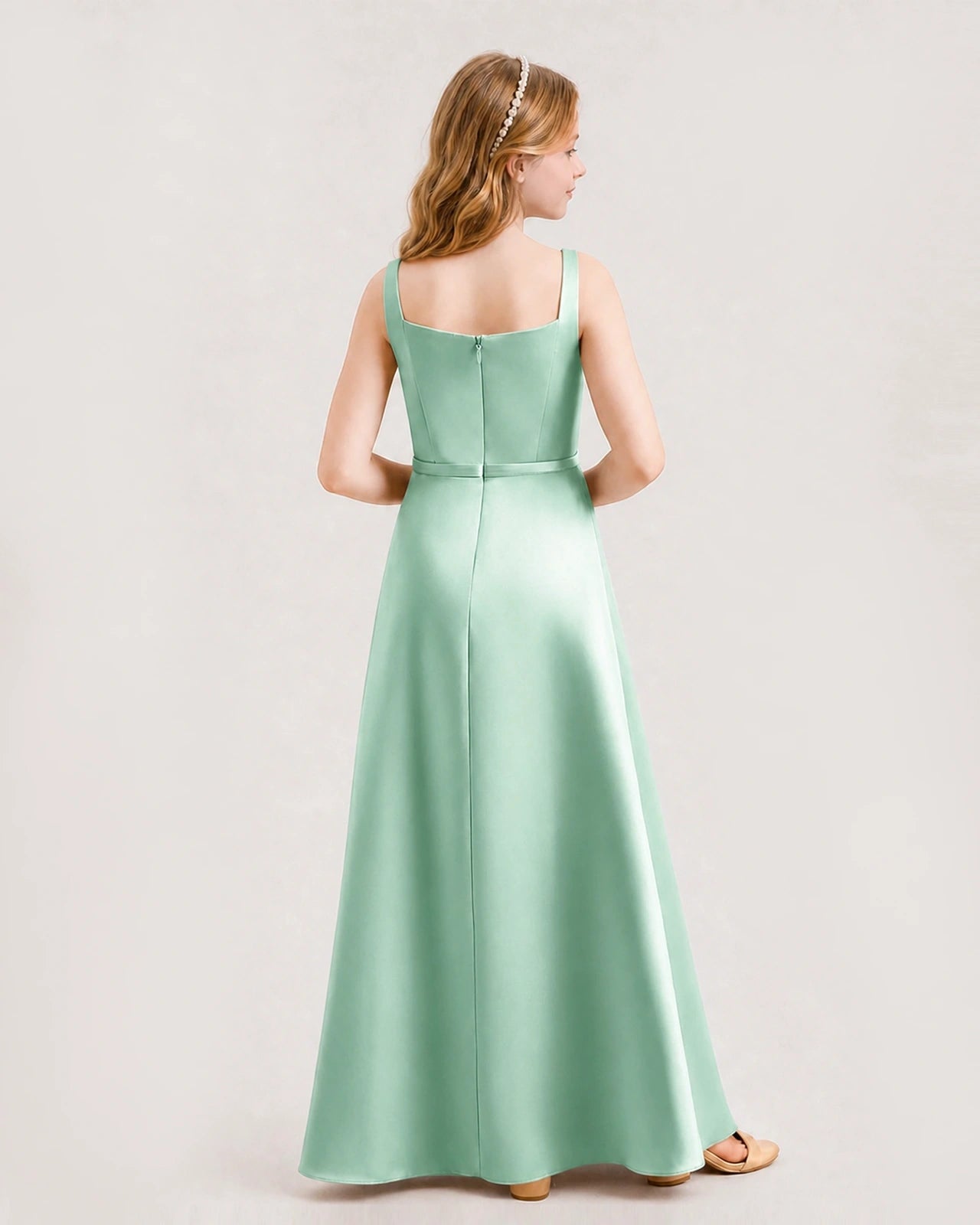 Mint Green Satin A-Line Junior Bridesmaid Dress Back View
