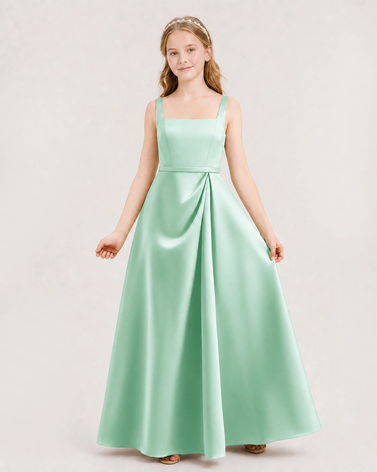 Mint Green Satin Square Neck Junior Bridesmaid Dresses Front View