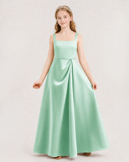 Mint Green Satin Square Neck Junior Bridesmaid Dresses Front View