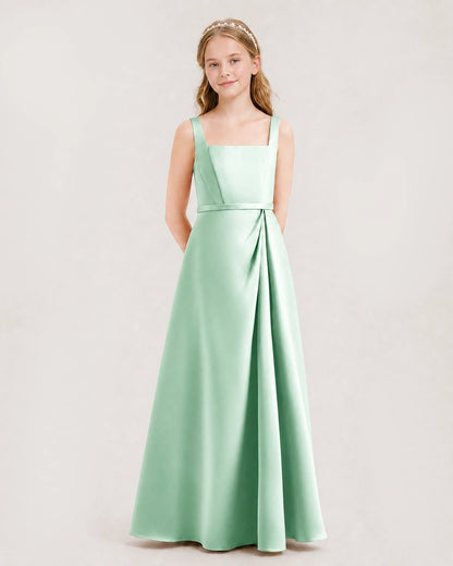Mint green satin square neck pleated junior bridesmaid dress Side View