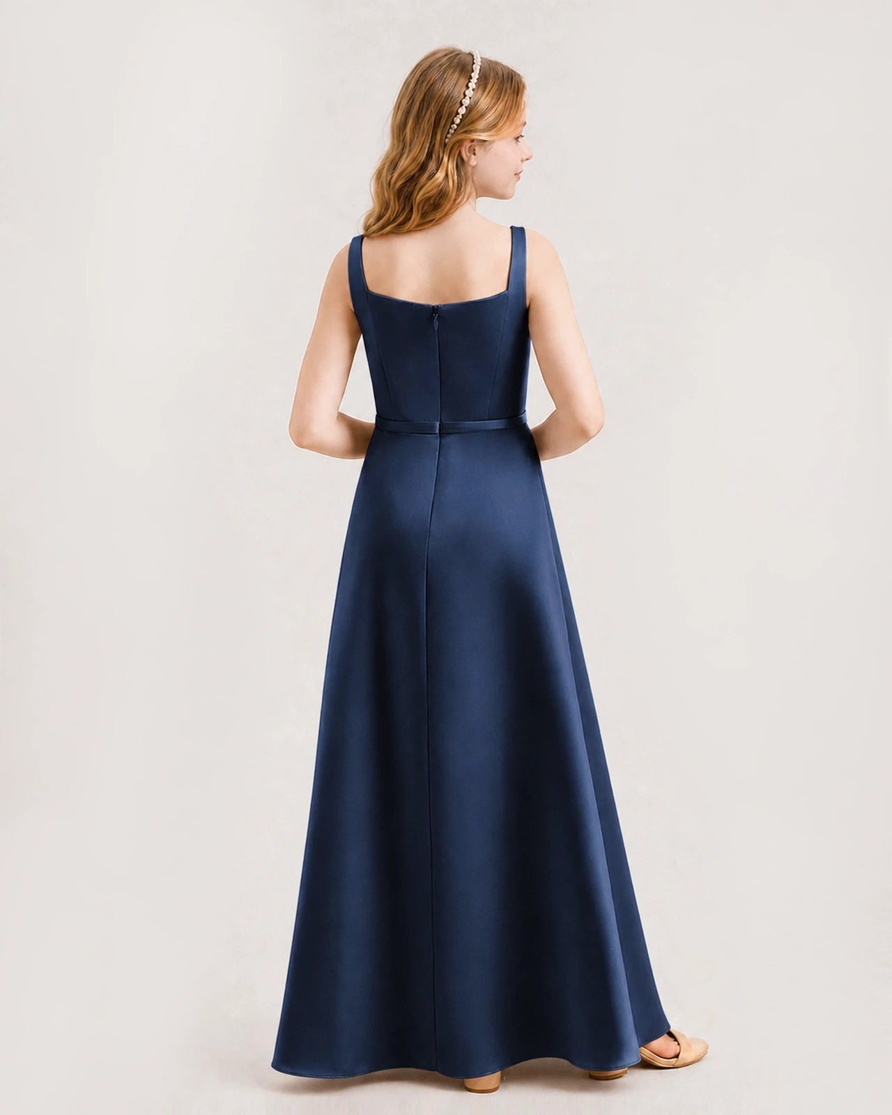 Navy Blue Satin A-Line Junior Bridesmaid Dresses Back View