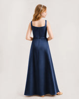 Navy Blue Satin A-Line Junior Bridesmaid Dresses Back View