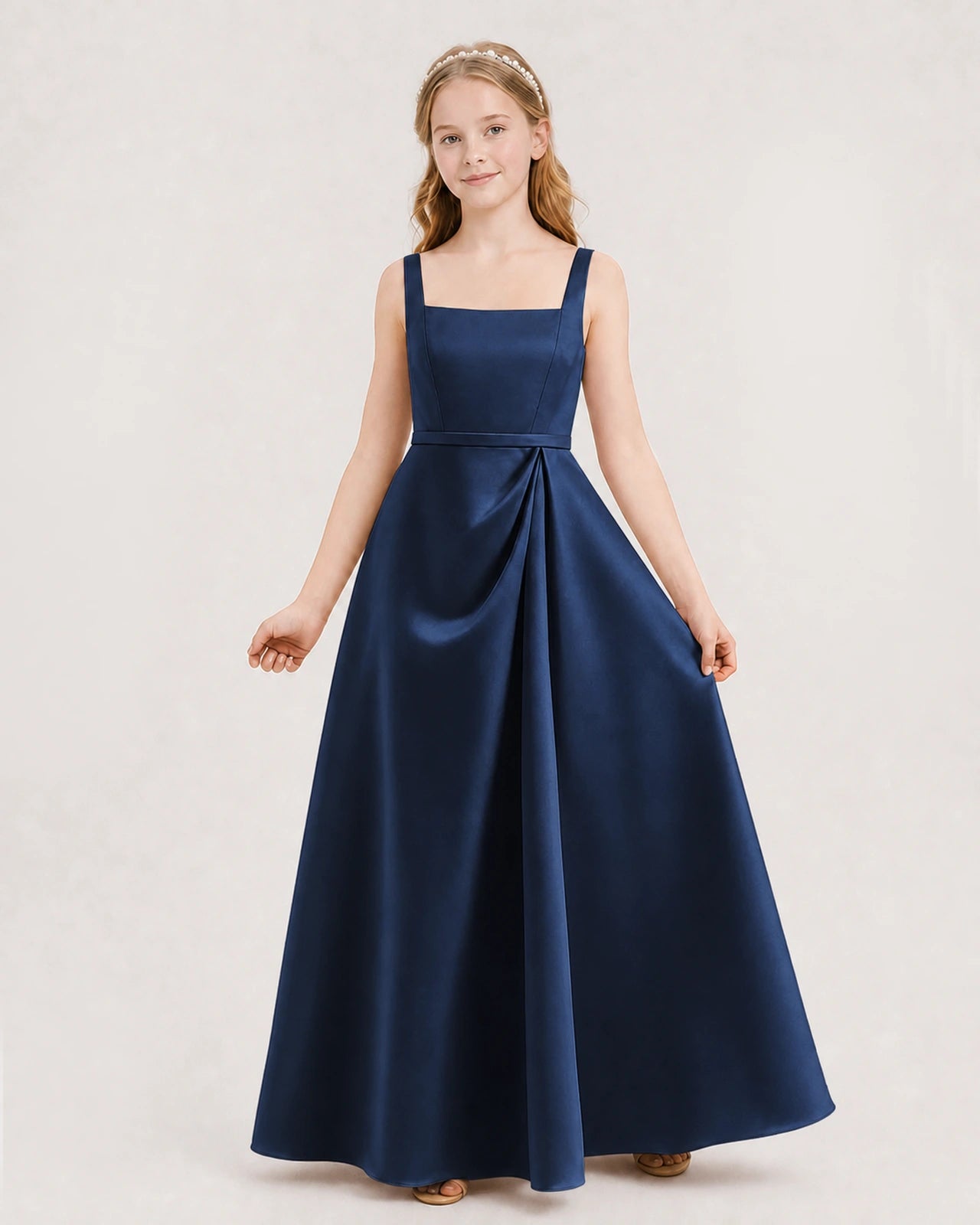 Navy Blue Satin Pleated A-Line Junior Bridesmaid Dresses Front View